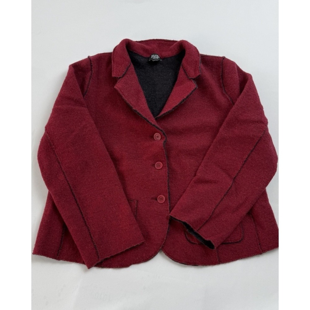 EILEEN FISHER  Boiled Wool Buttons Detailed stitch L sleeve Burgundy Jacket PS‎